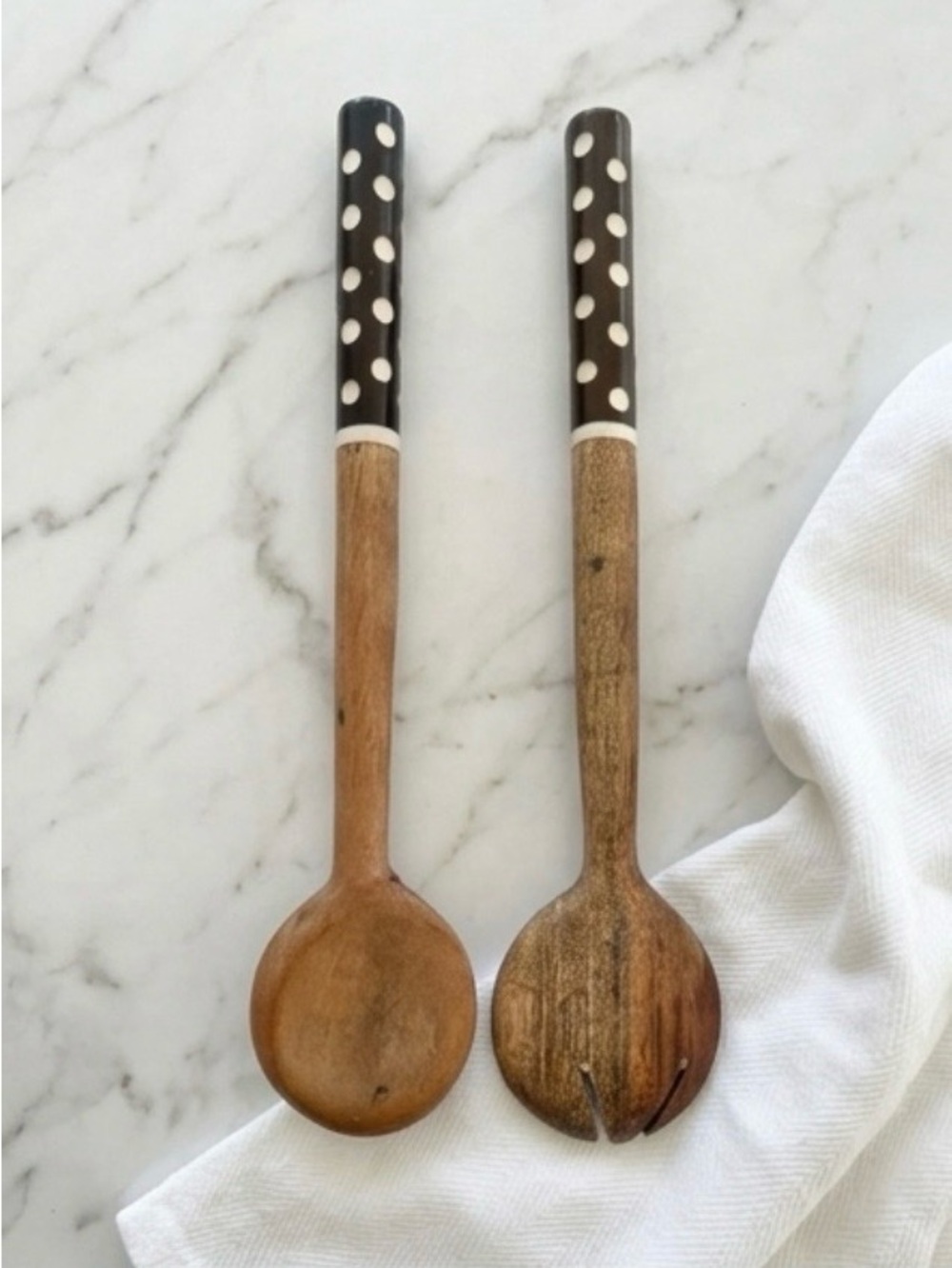 Polka Dot Handle Wooden Salad Serving Spoon and Fork Set - Brown - Picture 2 of 7